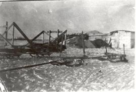 Sleighs parked on a farm