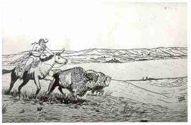 Sketch of Indian hunting buffalo at Buffalo Pound Lake